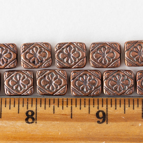 9.5x11mm Metal Floral Rectangle Beads - Antique Copper - 2, 6, or 12 beads