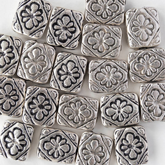 9.5x11mm Metal Floral Rectangle Beads - Antique Silver - 2, 6, or 12 beads