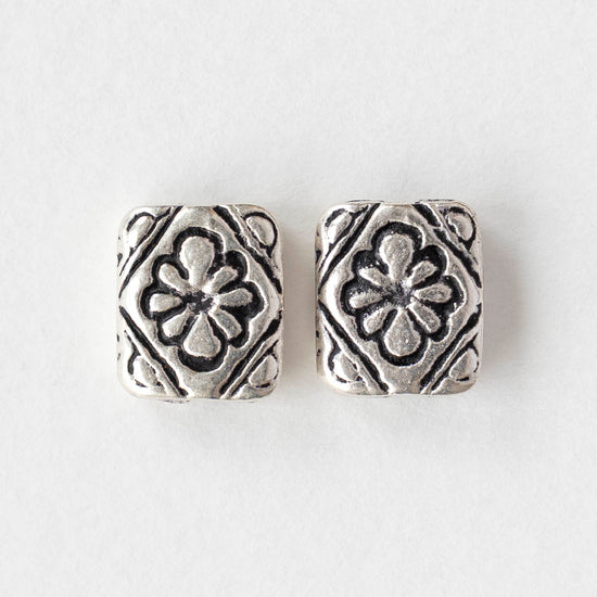 9.5x11mm Metal Floral Rectangle Beads - Antique Silver - 2, 6, or 12 beads