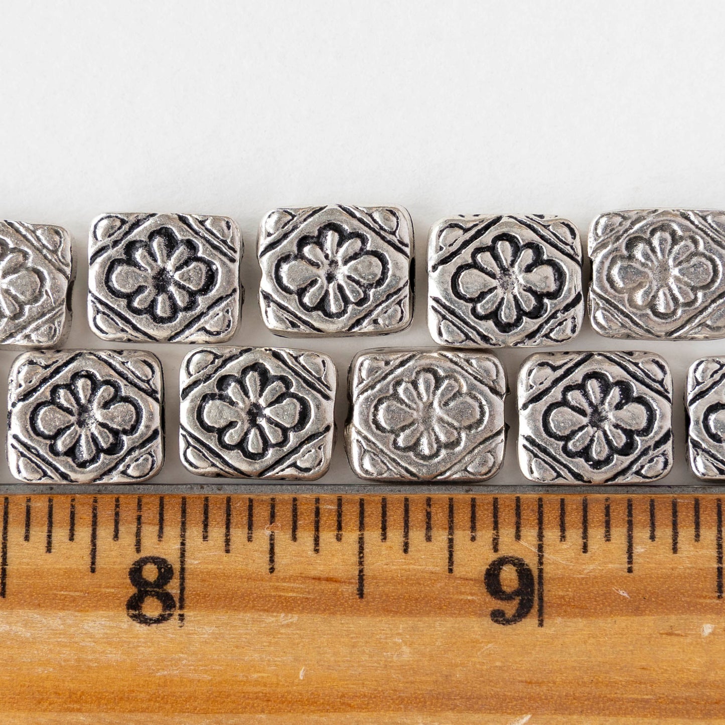 9.5x11mm Metal Floral Rectangle Beads - Antique Silver - 2, 6, or 12 beads