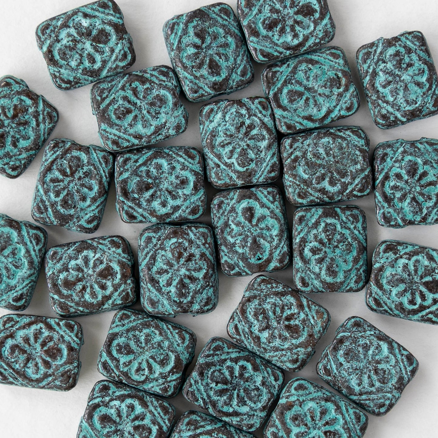 9.5x11mm Metal Floral Rectangle Beads - Copper Patina - 2, 6, or 12 beads