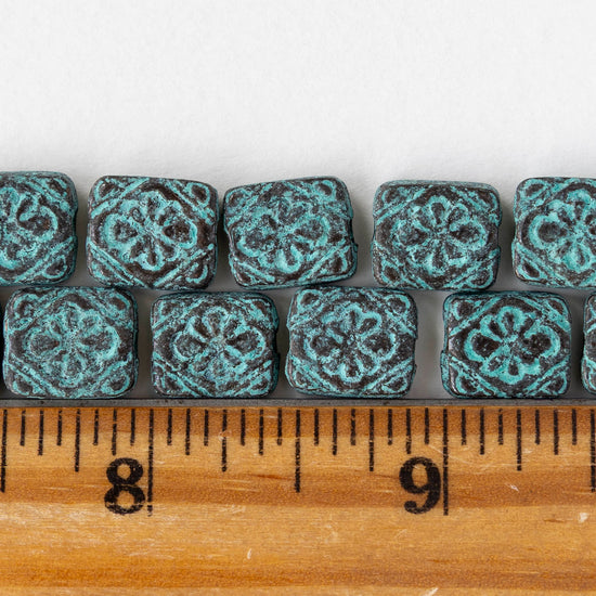 9.5x11mm Metal Floral Rectangle Beads - Copper Patina - 2, 6, or 12 beads