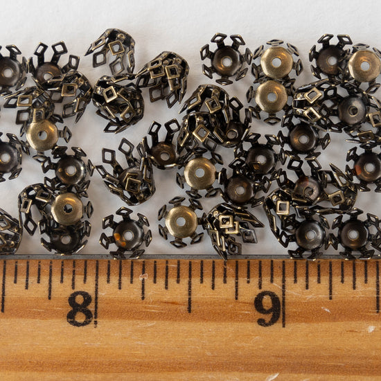 Load image into Gallery viewer, 9mm Antiqued Brass Diamond Designed Bead Caps - 20 Pieces
