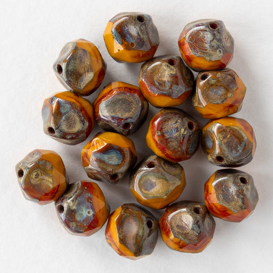 9mm Central Cut Glass Beads - Orange Picasso - 16 beads