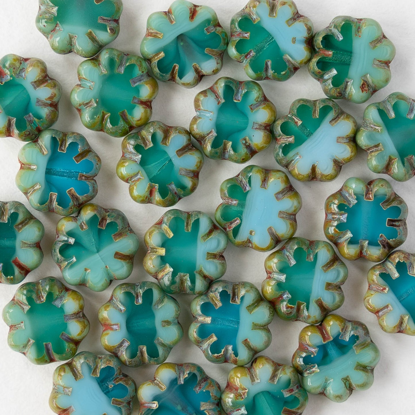 9mm Table Cut Glass Cactus Flower Beads - Blue Green Mix - 10 Beads