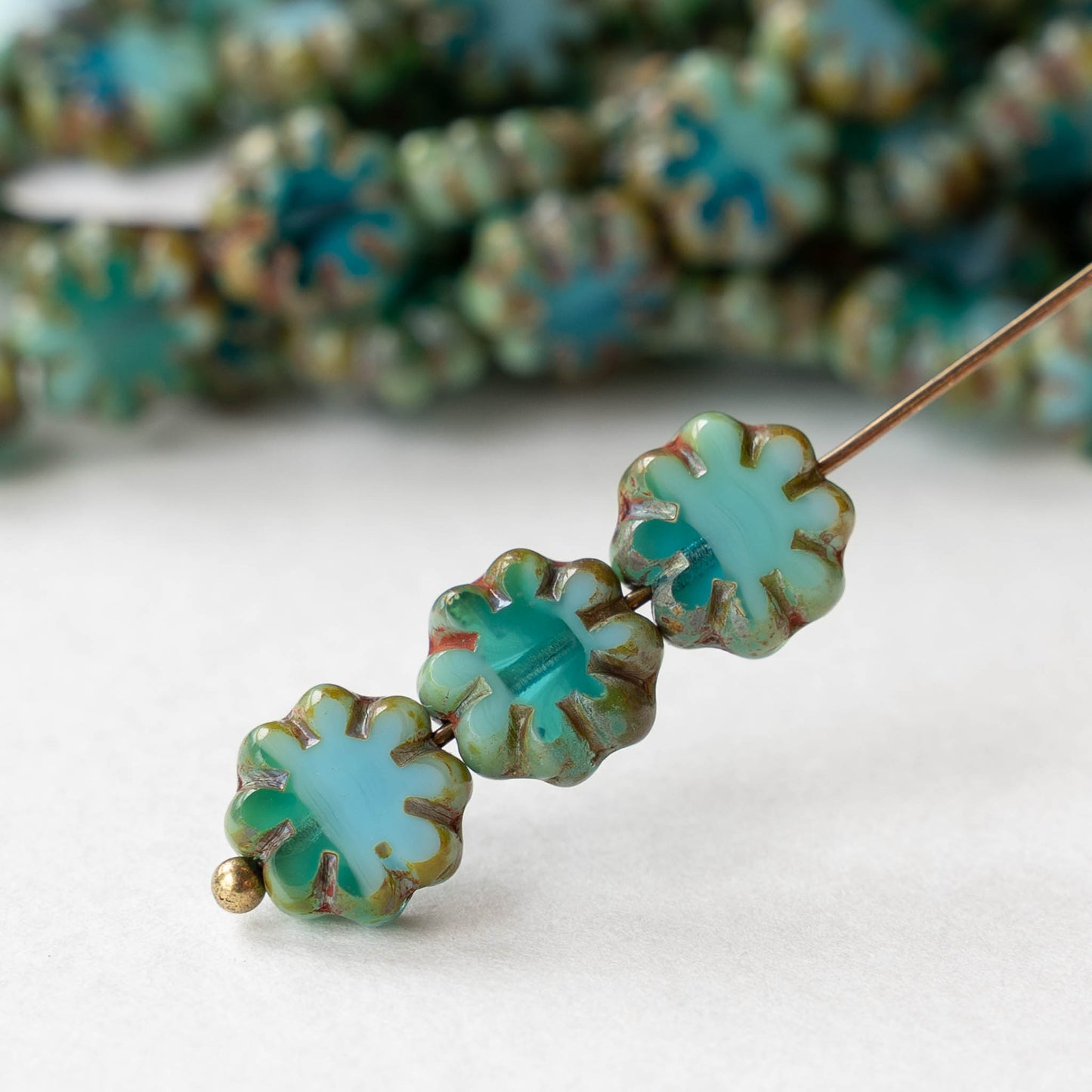 9mm Table Cut Glass Cactus Flower Beads - Blue Green Mix - 10 Beads