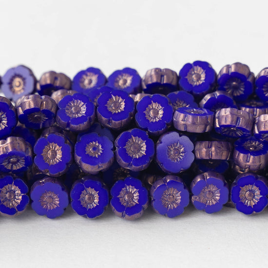 8mm Glass Flower Beads - Opaque Cobalt Blue with Bronze - 20 beads