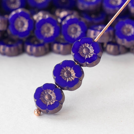 8mm Glass Flower Beads - Opaque Cobalt Blue with Bronze - 20 beads