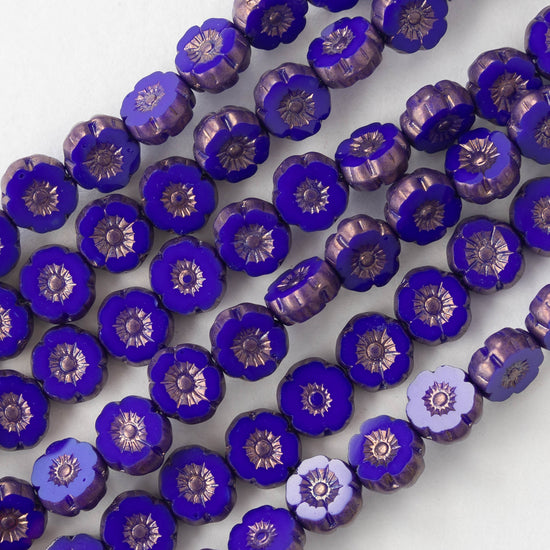 8mm Glass Flower Beads - Opaque Cobalt Blue with Bronze - 20 beads