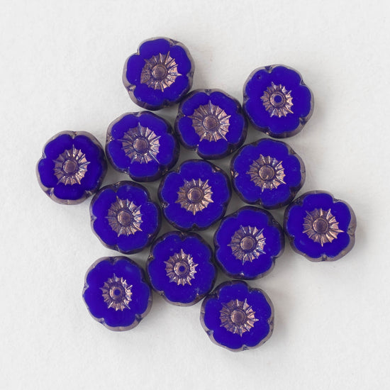 8mm Glass Flower Beads - Opaque Cobalt Blue with Bronze - 20 beads