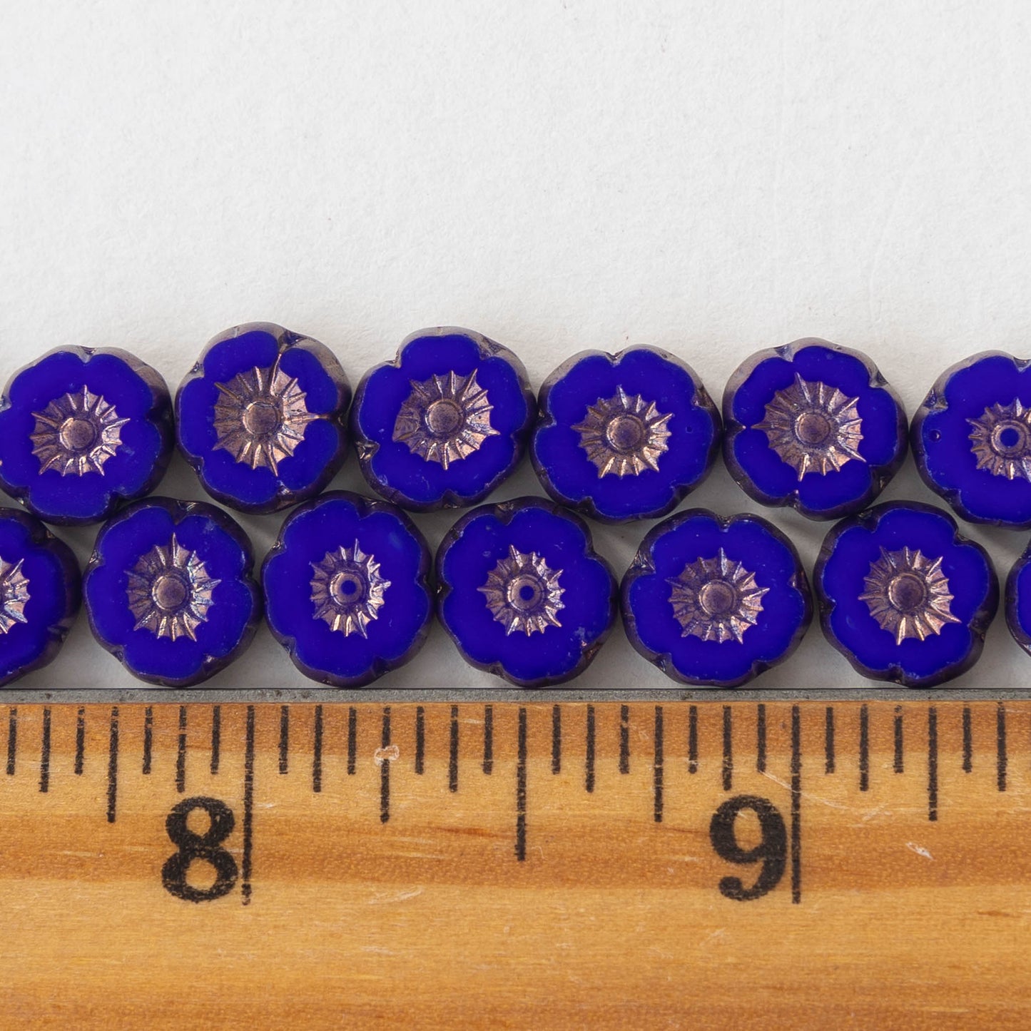 8mm Glass Flower Beads - Opaque Cobalt Blue with Bronze - 20 beads