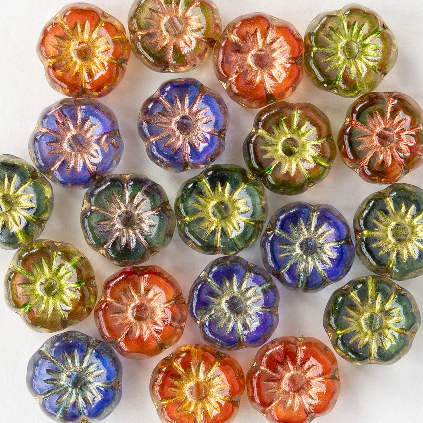 9mm Table Cut Glass Flower Beads - Jewel Tone Mix - 20 beads