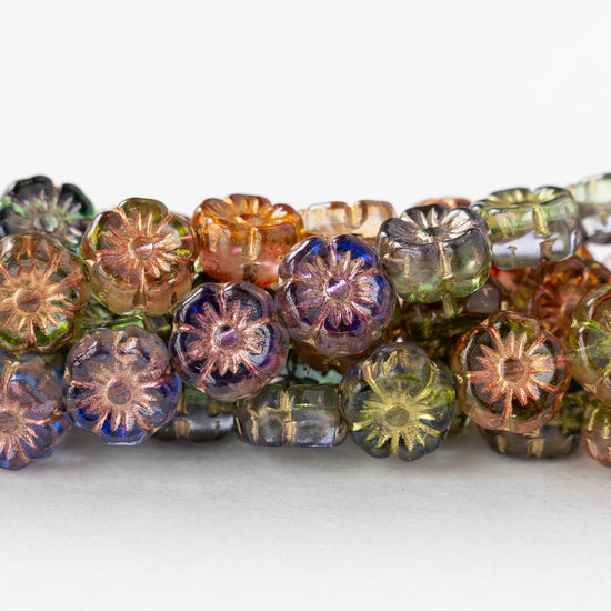 9mm Table Cut Glass Flower Beads - Jewel Tone Mix - 20 beads