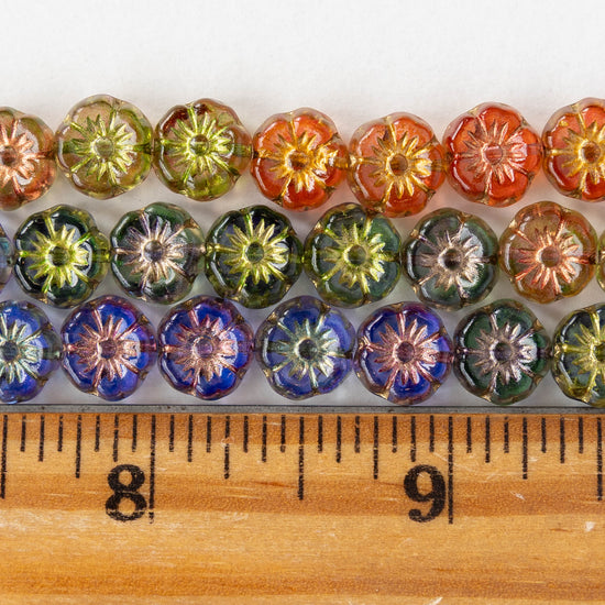 9mm Table Cut Glass Flower Beads - Jewel Tone Mix - 20 beads