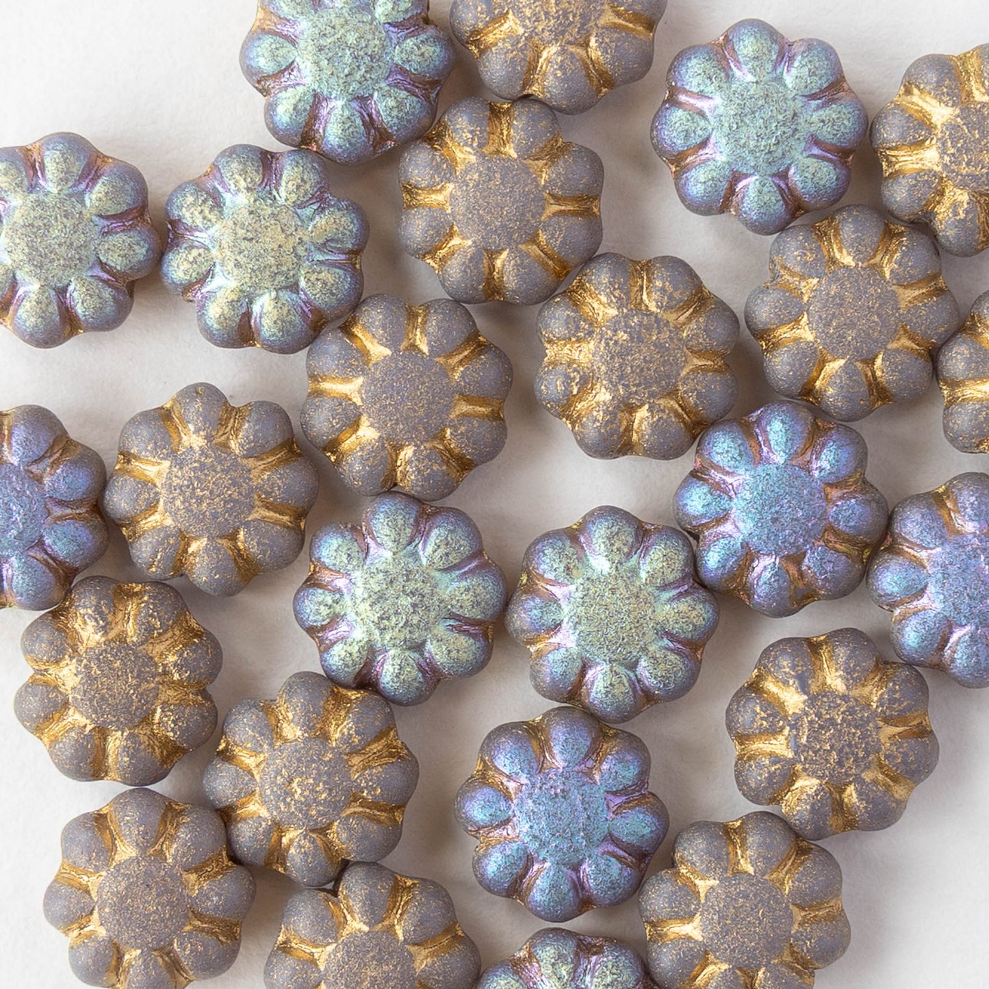 9mm Glass Cactus Flower Beads - Lavender AB Gold Dust Matte - 10 or 20 beads