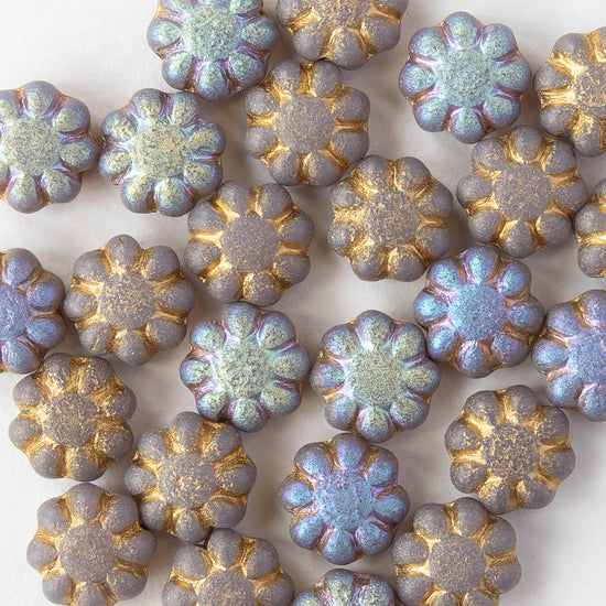 9mm Glass Cactus Flower Beads - Lavender AB Gold Dust Matte - 10 or 20 beads