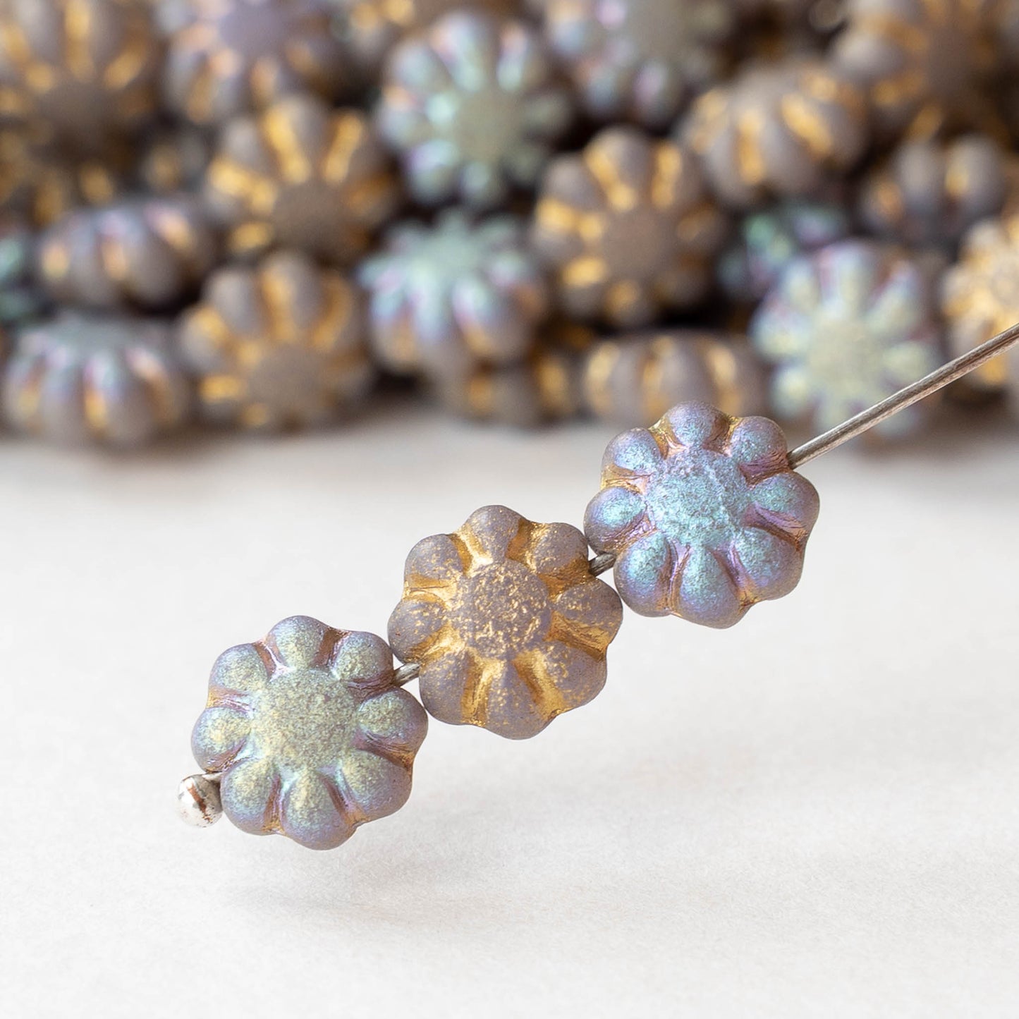 9mm Glass Cactus Flower Beads - Lavender AB Gold Dust Matte - 10 or 20 beads