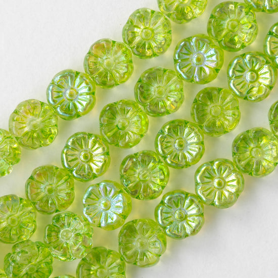 9mm Glass Flower Beads - Lime Green AB - 20 Beads