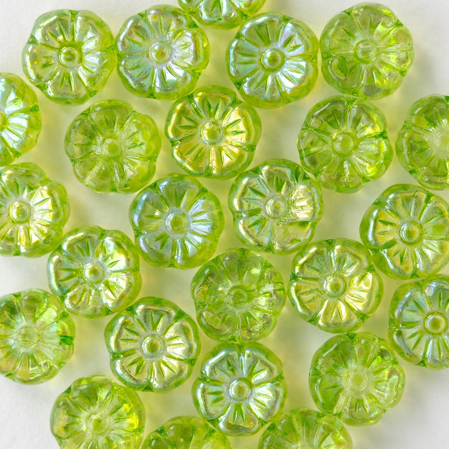 9mm Glass Flower Beads - Lime Green AB - 20 Beads