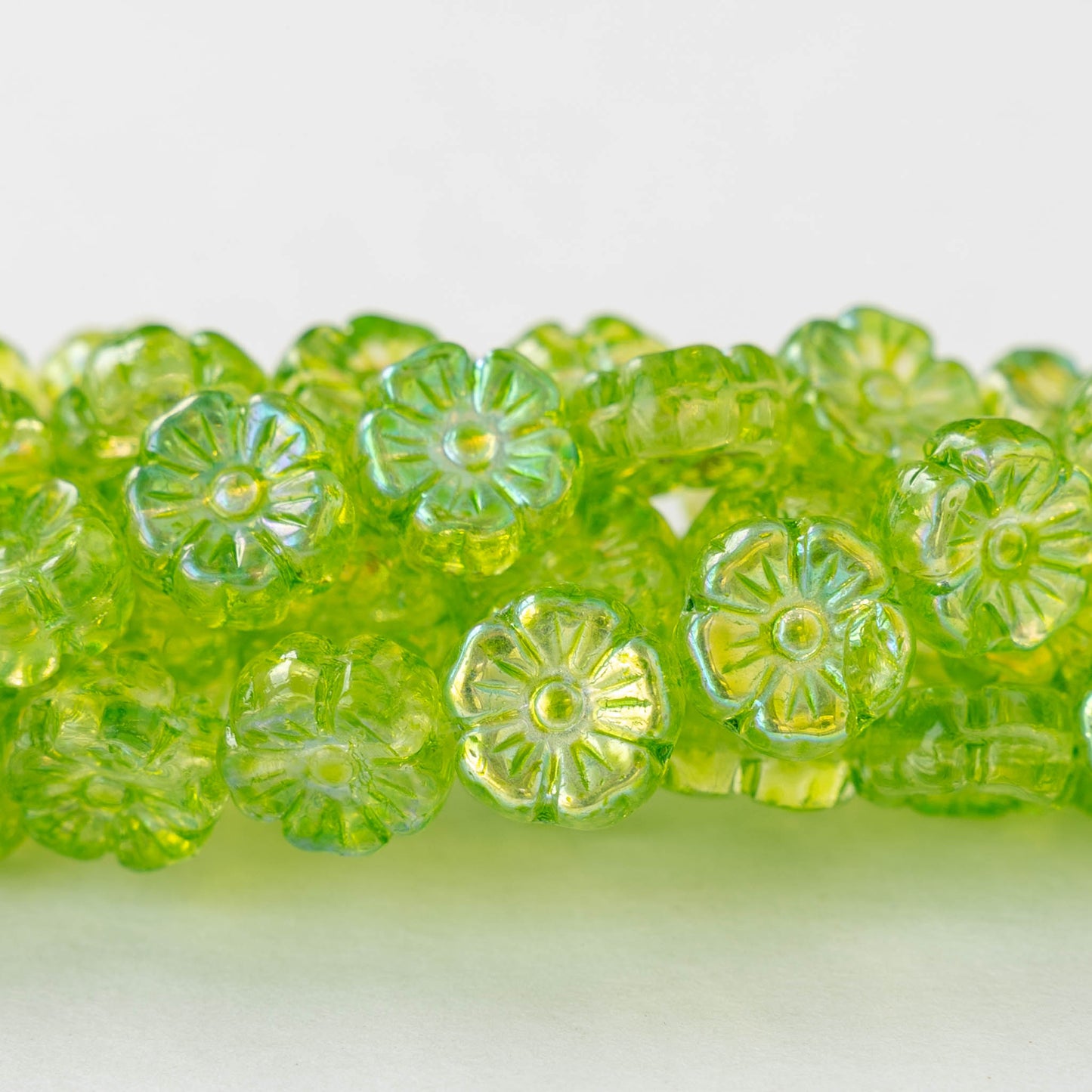 9mm Glass Flower Beads - Lime Green AB - 20 Beads