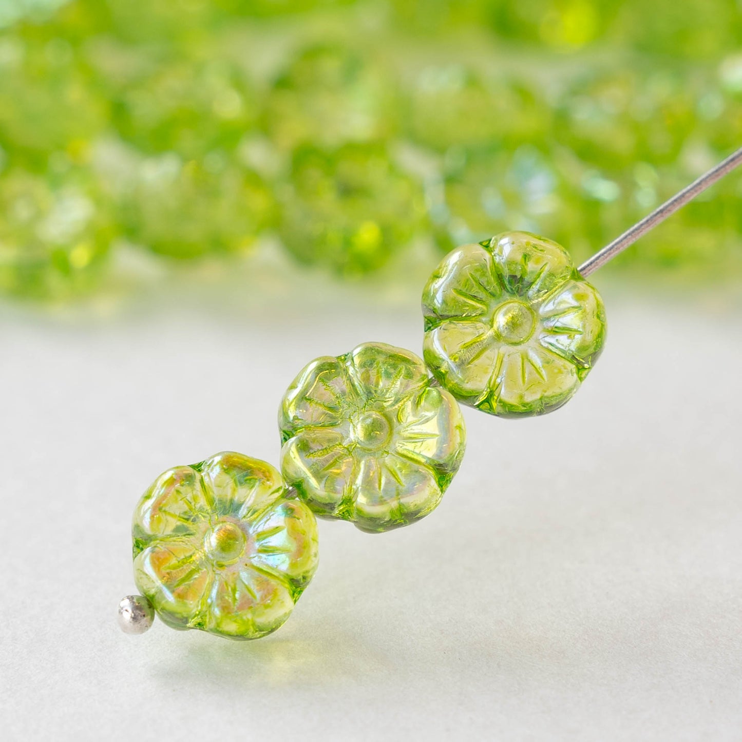 9mm Glass Flower Beads - Lime Green AB - 20 Beads