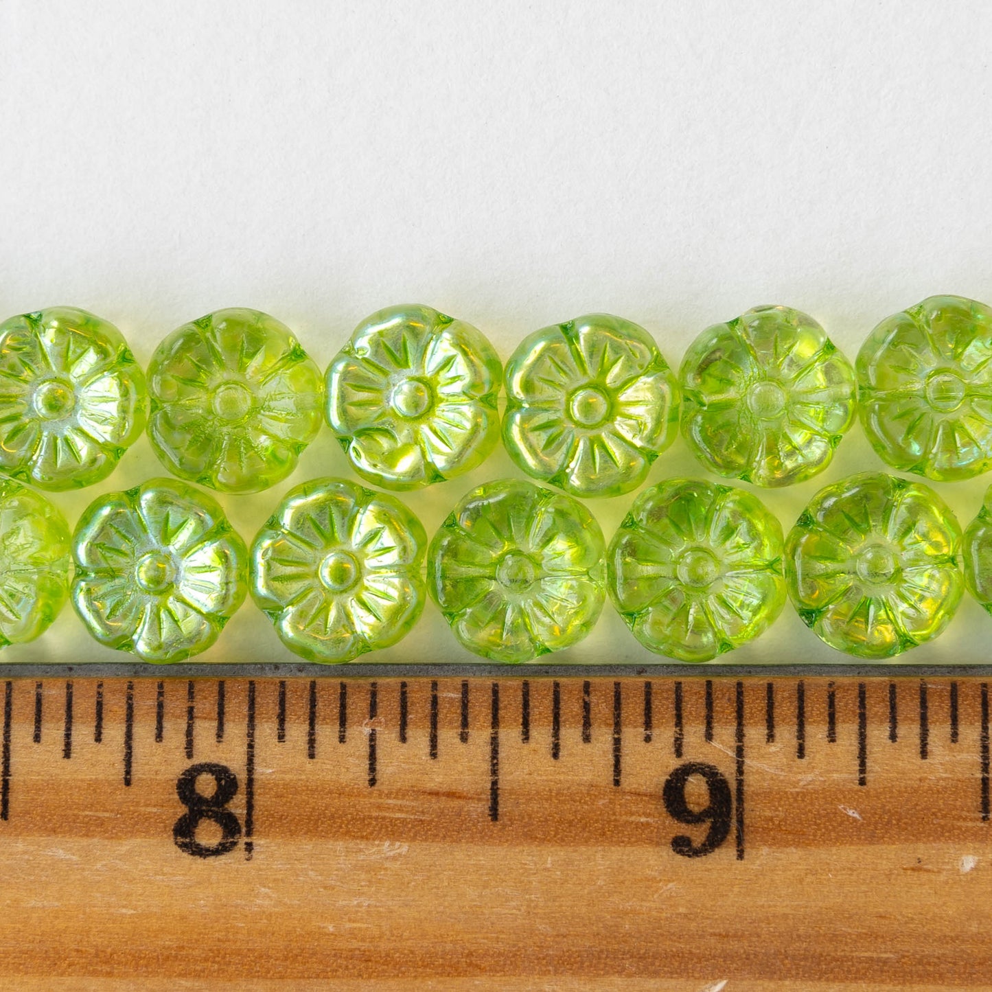 9mm Glass Flower Beads - Lime Green AB - 20 Beads