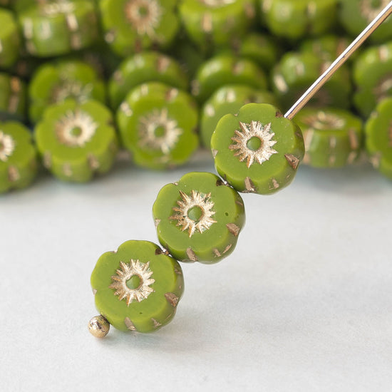 8mm Glass Flower Beads - Opaque Olive Green - 20 beads