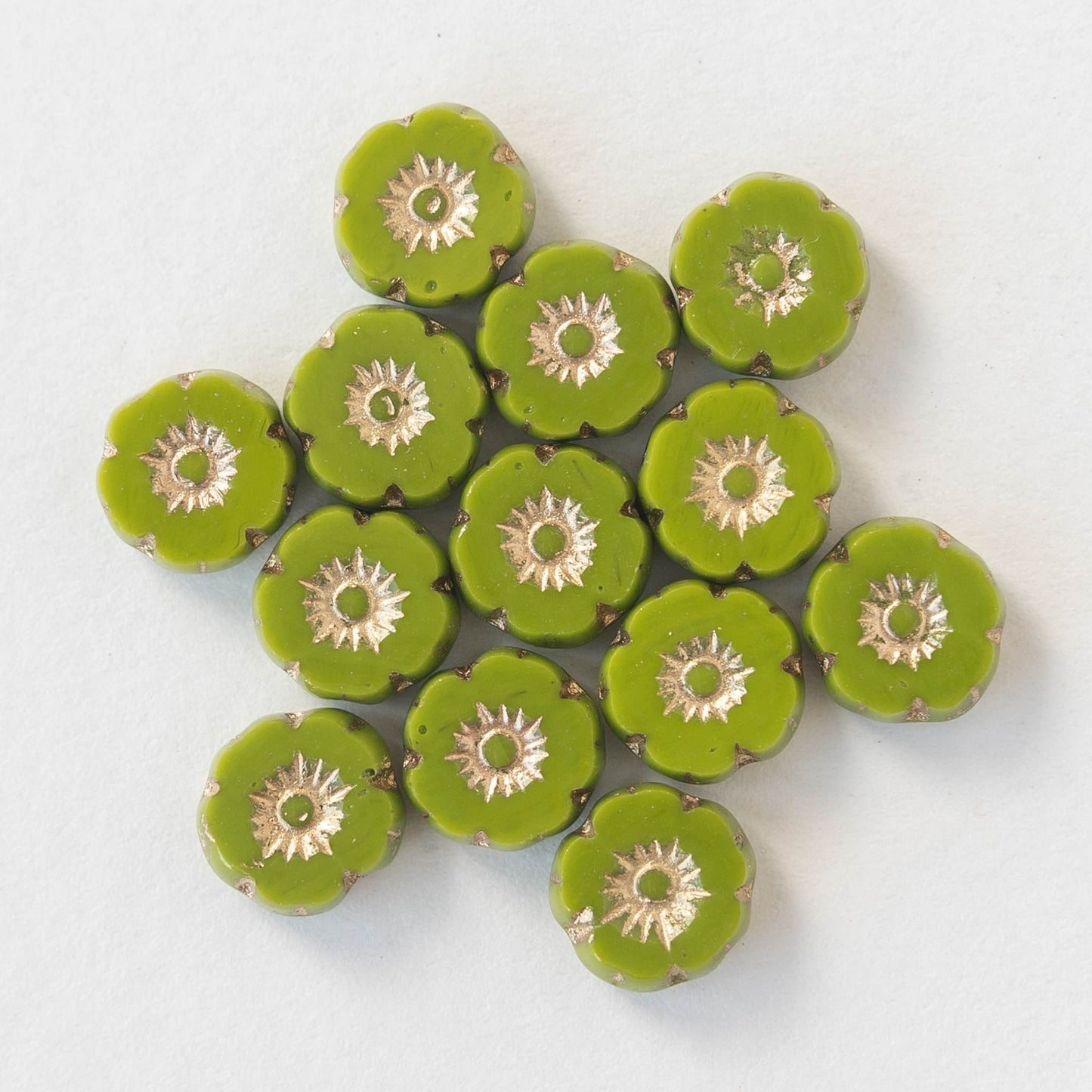 8mm Glass Flower Beads - Opaque Olive Green - 20 beads