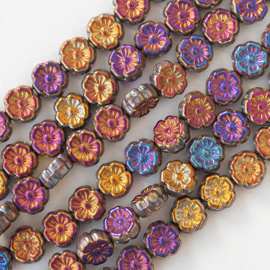 8mm Glass Flower Beads - Mixed Iris Colors - 30 beads