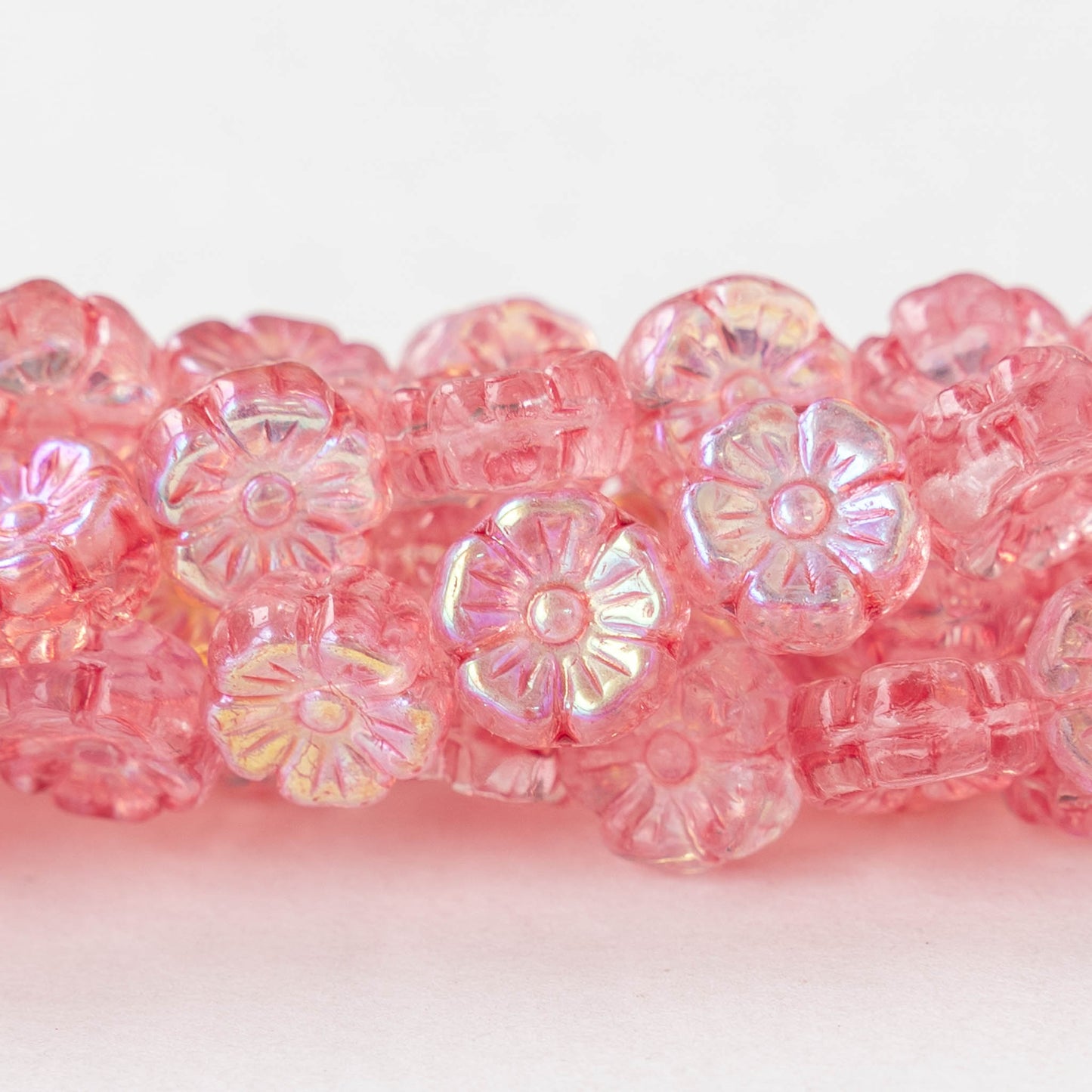 10mm Glass Flower Beads - Pink AB - 20 Beads