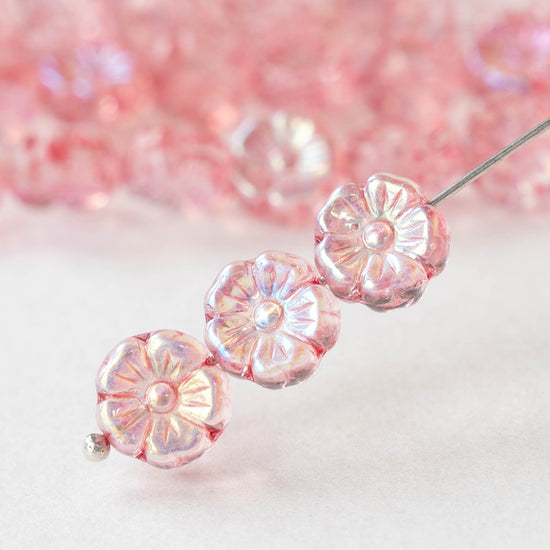 10mm Glass Flower Beads - Pink AB - 20 Beads