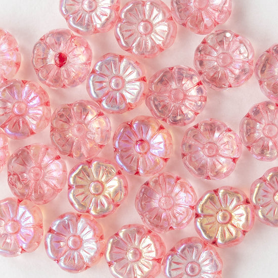 10mm Glass Flower Beads - Pink AB - 20 Beads