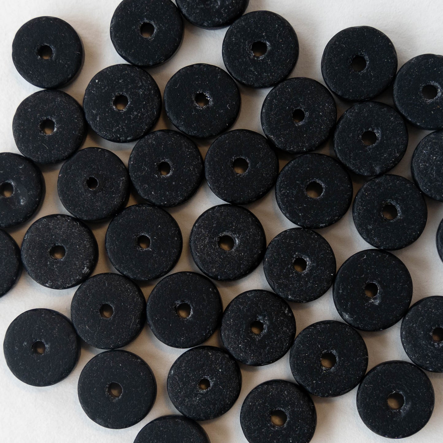 9mm Frosted Glass Heishi Beads - Opaque Black - 72 Beads