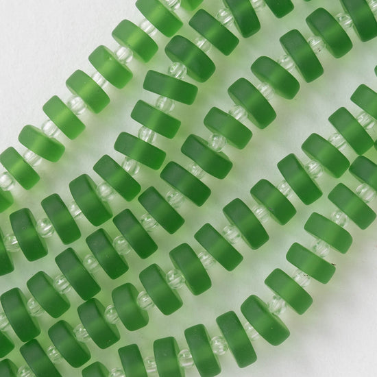 9mm Frosted Glass Heishi Beads - Green - 72 Beads