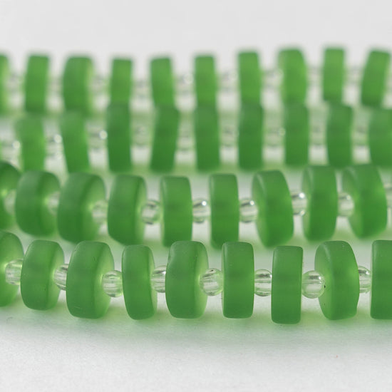 9mm Frosted Glass Heishi Beads - Green - 72 Beads