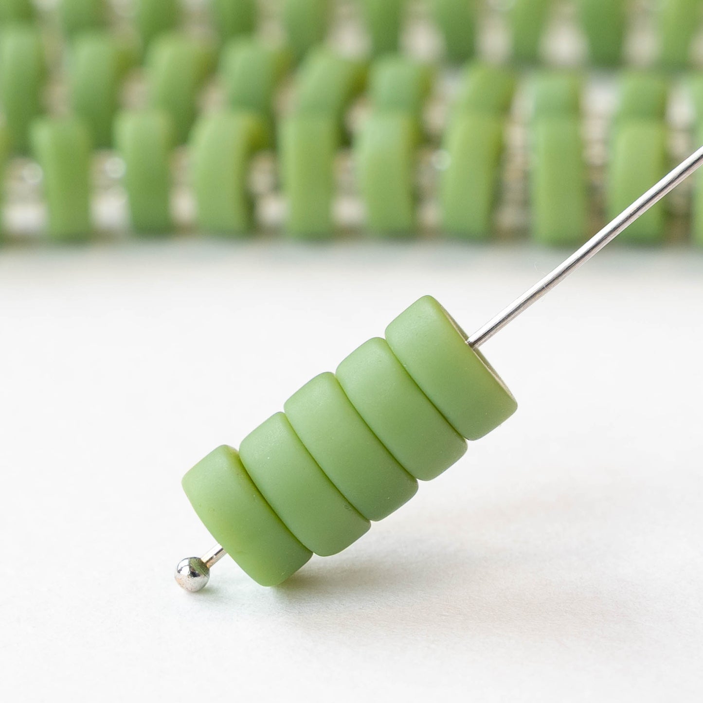 9mm Frosted Glass Heishi Beads - Opaque Olive Green - 36 or 72 Beads