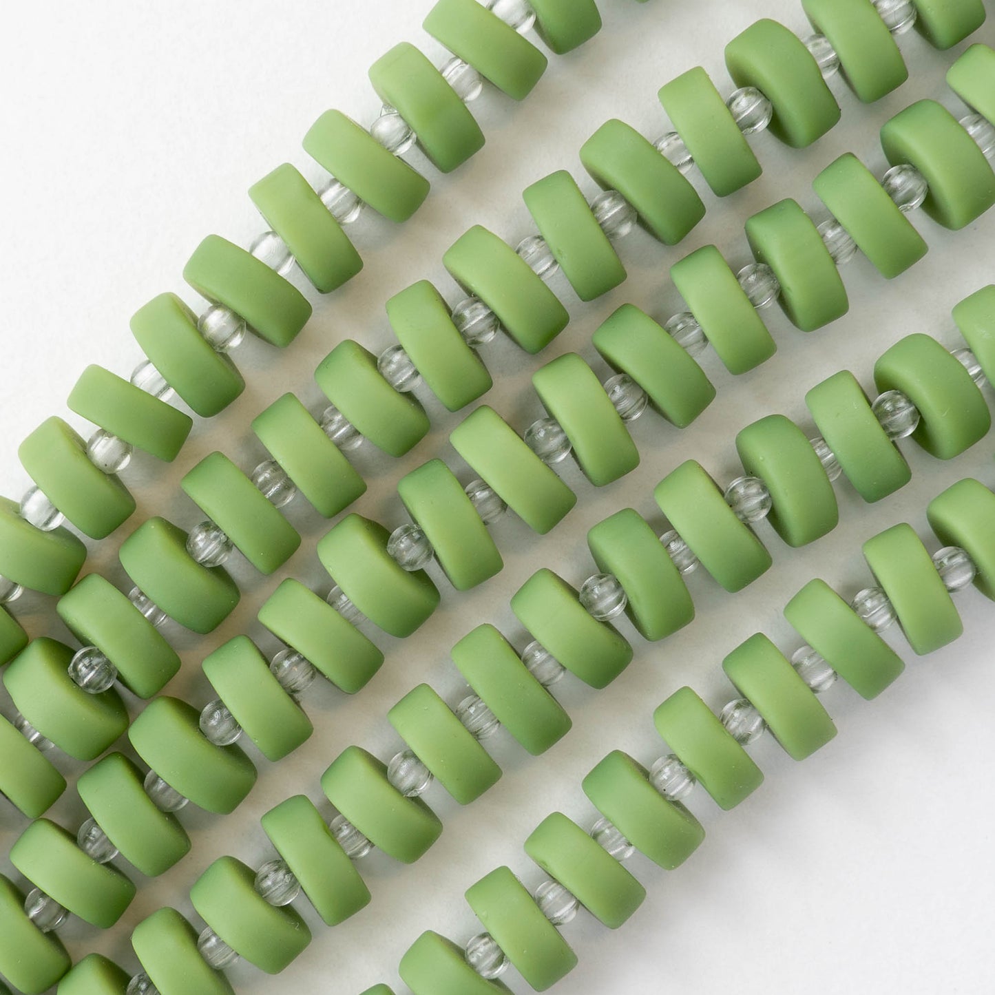 9mm Frosted Glass Heishi Beads - Opaque Olive Green - 36 or 72 Beads