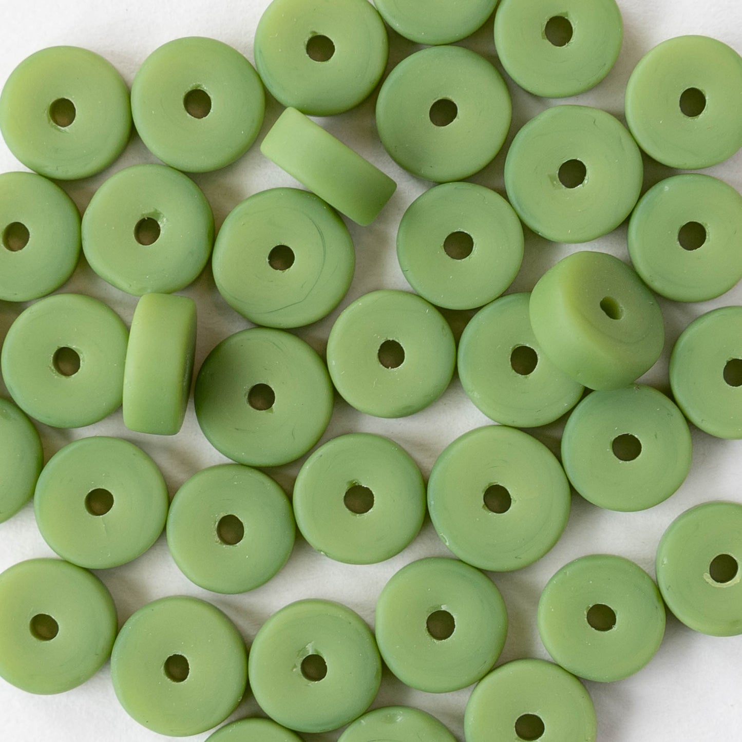 9mm Frosted Glass Heishi Beads - Opaque Olive Green - 36 or 72 Beads