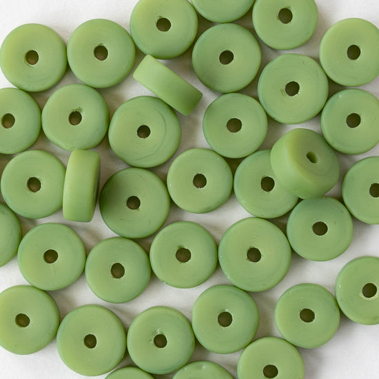 9mm Frosted Glass Heishi Beads - Opaque Olive Green - 36 or 72 Beads