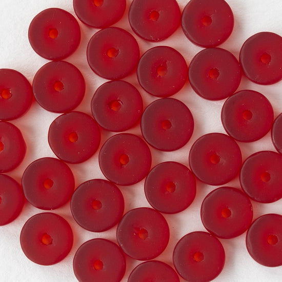 9mm Frosted Glass Heishi Beads - Red - 72 Beads
