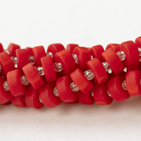 9mm Frosted Glass Heishi Beads - Opaque Dark Red/Orange - Choose Amount