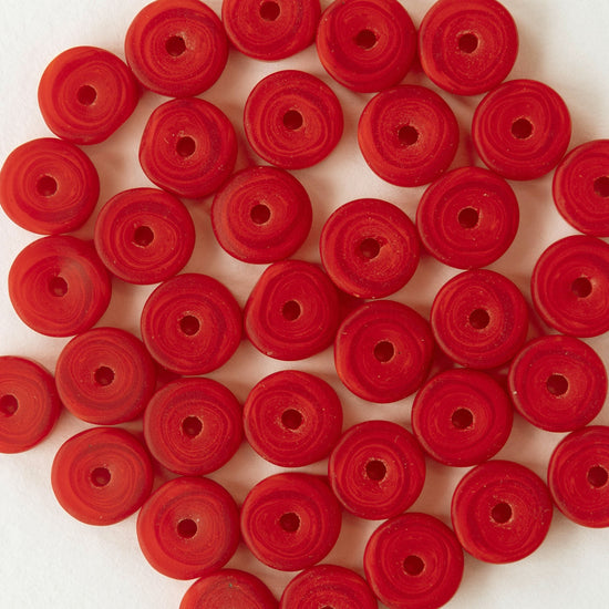 9mm Frosted Glass Heishi Beads - Opaque Dark Red/Orange - Choose Amount