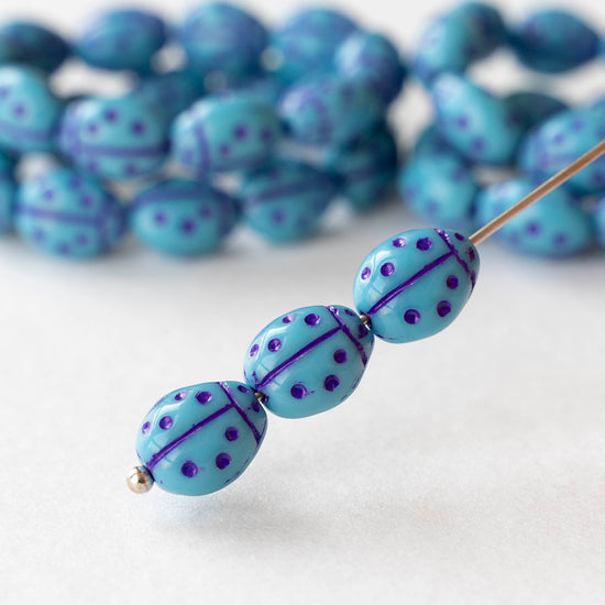 9mm Ladybug Beads - Opaque Blue with Purple Wash - 10 beads