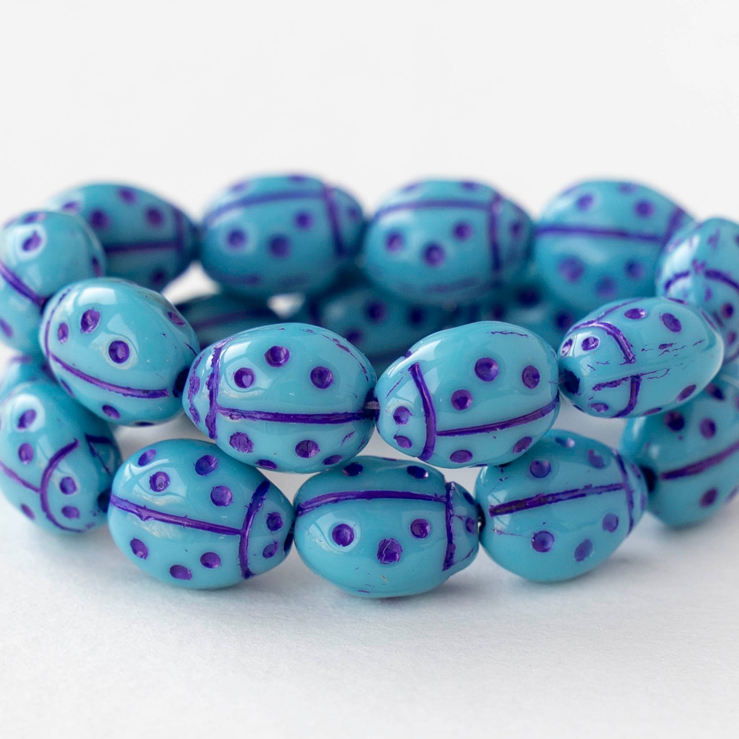 9mm Ladybug Beads - Opaque Blue with Purple Wash - 10 beads