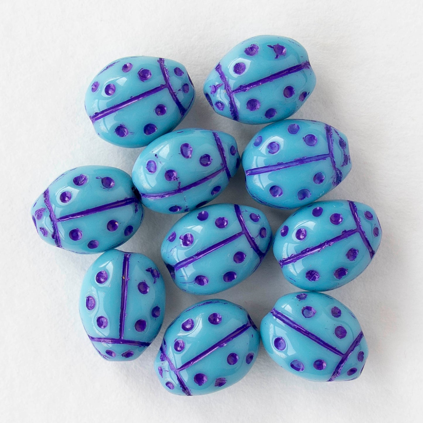 9mm Ladybug Beads - Opaque Blue with Purple Wash - 10 beads