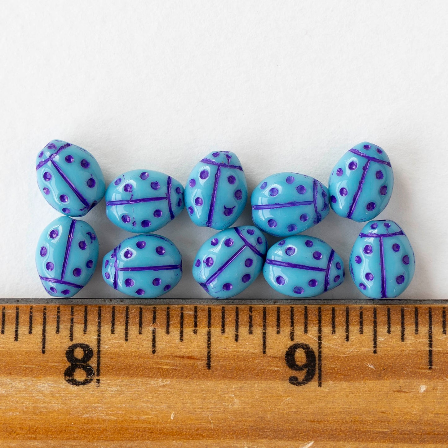 9mm Ladybug Beads - Opaque Blue with Purple Wash - 10 beads
