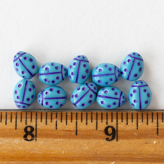 9mm Ladybug Beads - Opaque Blue with Purple Wash - 10 beads