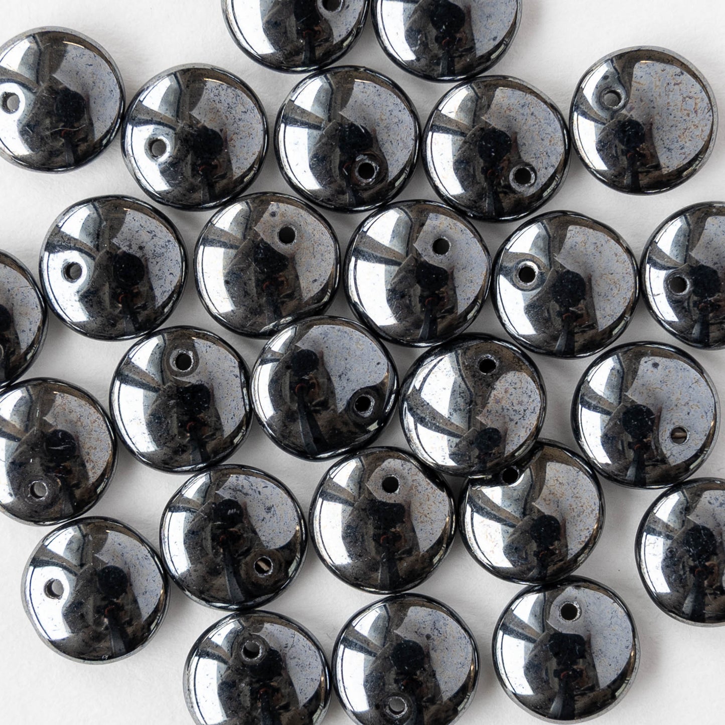 9mm Glass Lentil Beads - Hematite - 50 Beads