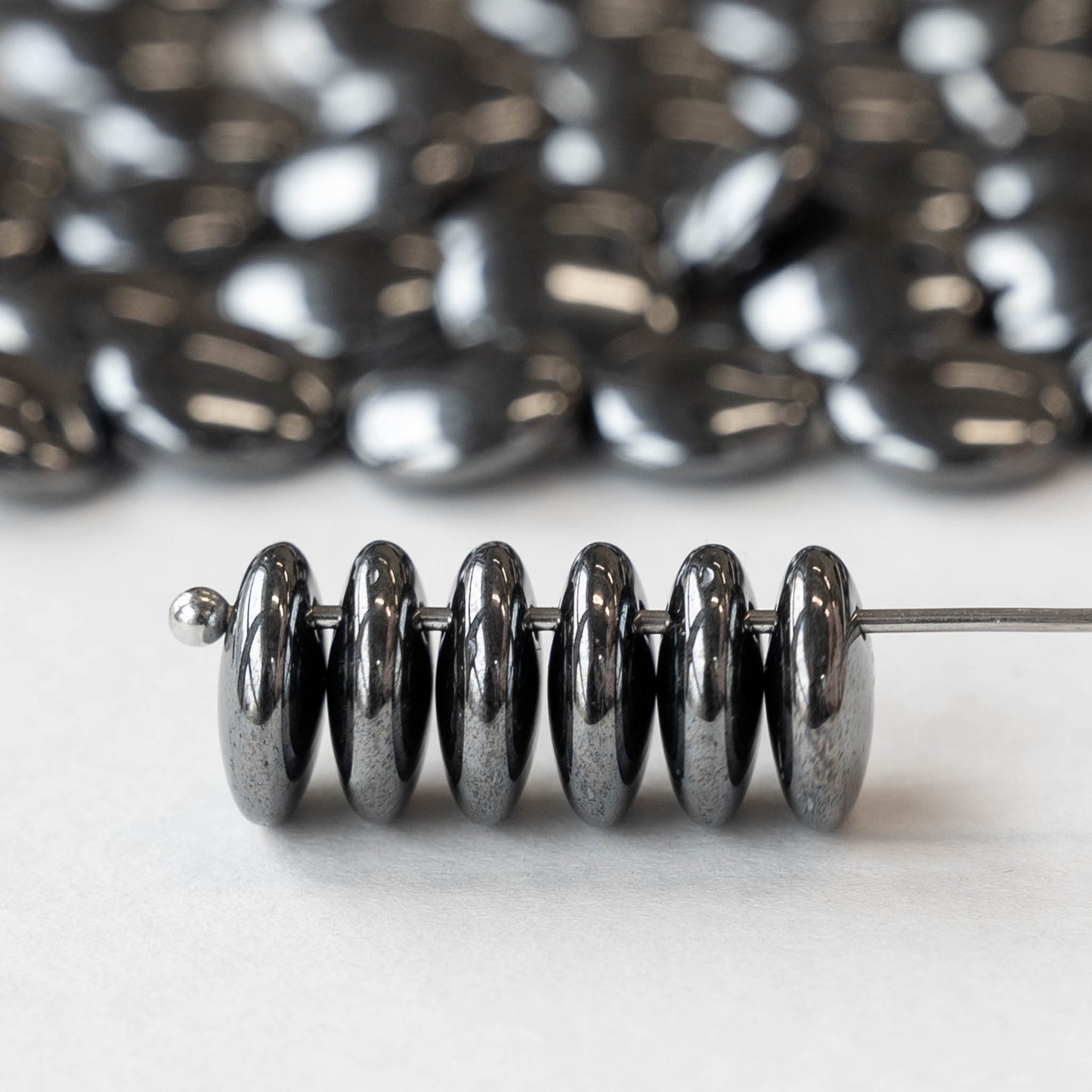 9mm Glass Lentil Beads - Hematite - 50 Beads