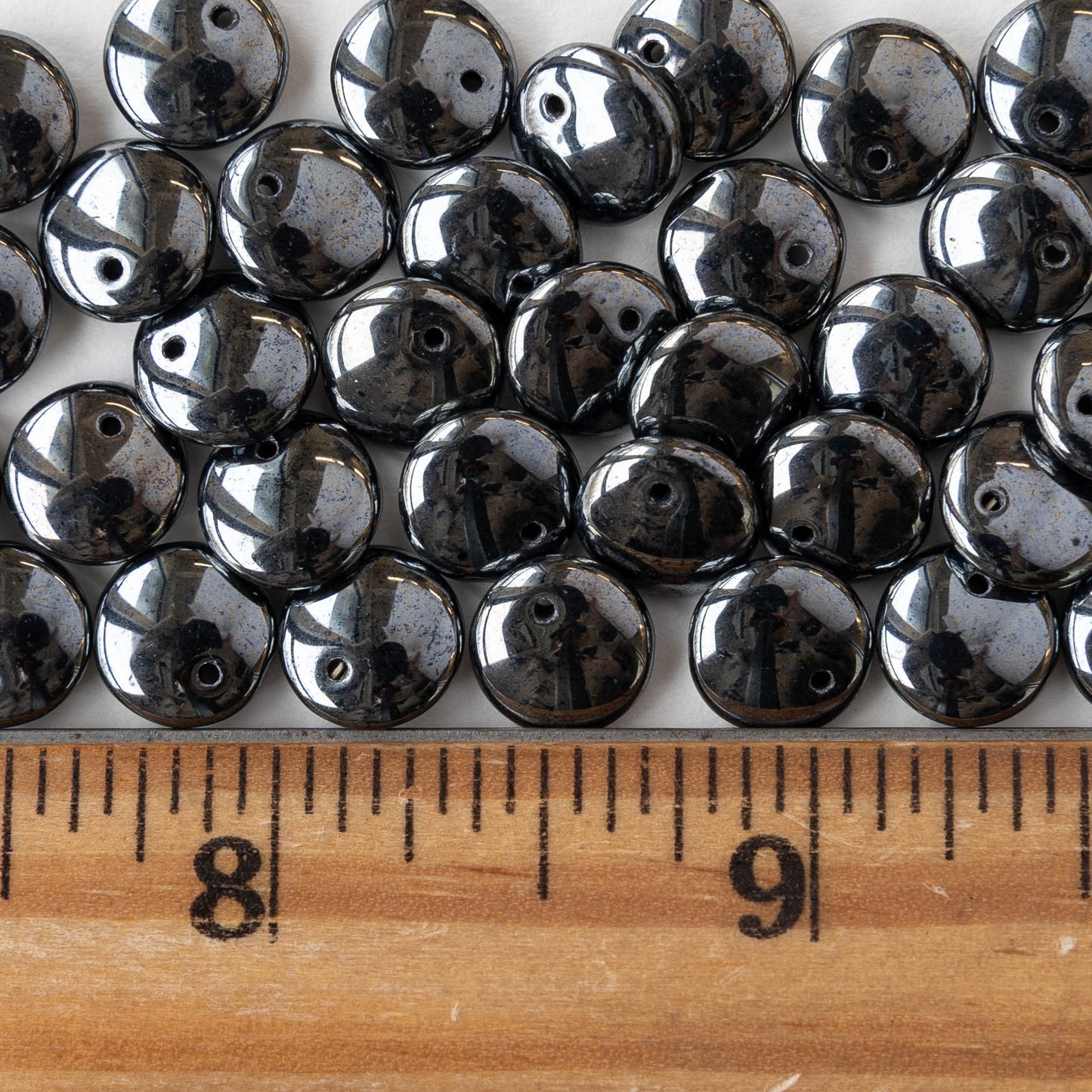 9mm Glass Lentil Beads - Hematite - 50 Beads